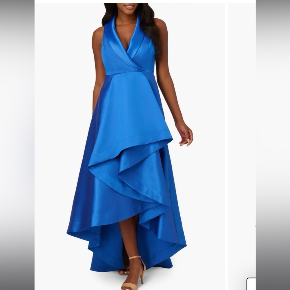 Adrianna Papell - Tuxedo High-low satin gown. NAVY BLUE